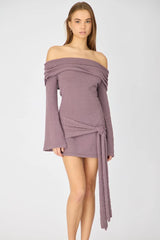 Brown Knitted Off Shoulder Tie Waist Mini Dress