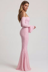 Off-Shoulder Ruffle Lace Maxi Dress in Soft Pink