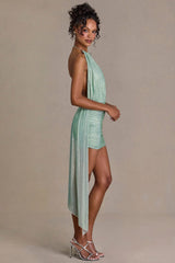 Premium Embellished Open-Back Mini Dress in Sage Green