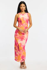 Orange Floral Bodycon Dress Sleeveless Mesh