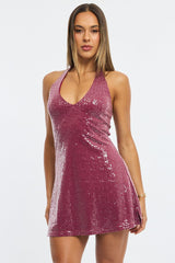 Red Mini Dress Halter Neck Sequin