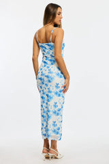 Blue Floral Bodycon Dress Mesh
