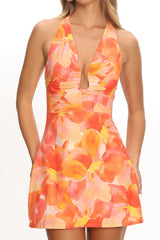 Lioren Plunging Halterneck Mini Dress Floral Orange