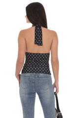 Polka Dot Cross Neck Halter Top in Black