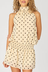 Beige Polka Dot High Neck Dress Mini Chiffon