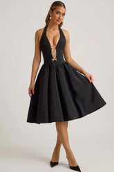 Halterneck Bow-Detail Midi Dress in Black