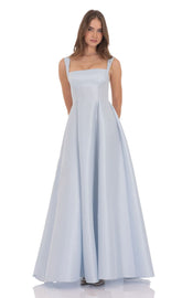 Square Neck Fit and Flare Gown in Light Blue