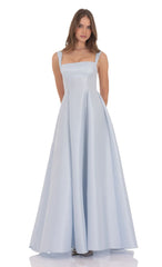 Square Neck Fit and Flare Gown in Light Blue