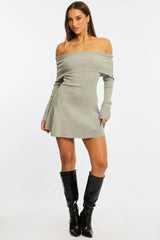 Grey Knit Dress Long Sleeve Off Shoulder