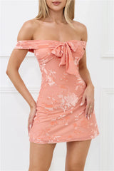 Fierce Dreams Off Shoulder Mesh Mini Dress Peach