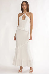 Clemence Smocked Frill Trim Maxi Dress White
