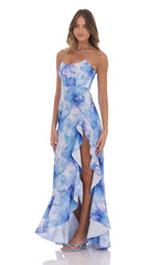 Floral Ruffle Slit Strapless Corset Maxi Dress in Blue