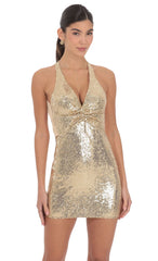 Sequin Twist V-Neck Bodycon Dress in Gold