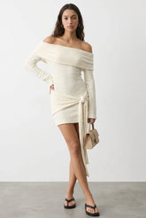 White Knitted Off Shoulder Tie Waist Mini Dress