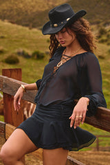 Lace-Up Balloon-Sleeve Mini Dress in Black