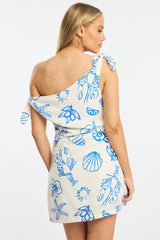 Blue Abstract Bodycon Dress Tie Up Shoulder