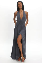 Italia Azure Gathered Waist Maxi Dress Charcoal