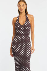Brown Polka Dot Bodycon Dress Halter Neck