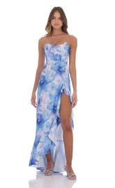 Floral Ruffle Slit Strapless Corset Maxi Dress in Blue
