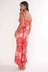 Ilyse Neck Scarf One-Shoulder Maxi Dress Floral Red