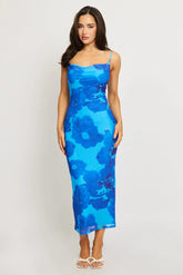 Blue Floral Bodycon Dress Cowl Neck Maxi