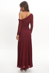 Lylah Asymmetric Neckline Long Sleeve Maxi Dress Mesh Chocolate