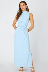 Blue High Neck Ruched Detail Bodycon Dress