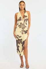 Yellow Floral Bodycon Dress Mesh