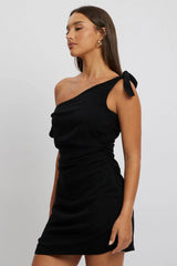 Black Bodycon Dress Tie up Shoulder Linen
