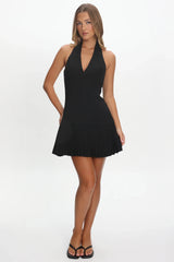 Elisabet Halter Neck Pleat Mini Dress Black
