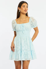 Blue Fit And Flare Dress Puff Sleeve