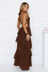 Power Glow Halter Maxi Dress Brown
