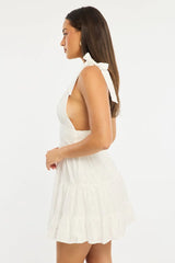White Fit And Flare Dress Shoulder Tie Eyelet Fabric