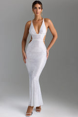 Embellished Cut-Out Backless Maxi Dress in White