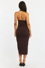Brown Bodycon Dress High Neck Side Ruched