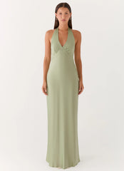 Heavy Hearted Satin Maxi Dress - Sage