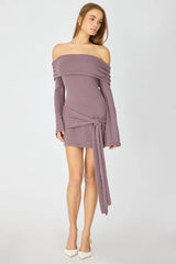 Brown Knitted Off Shoulder Tie Waist Mini Dress