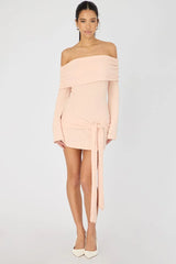 Orange Knitted Off Shoulder Tie Waist Mini Dress