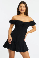 Black Fit And Flare Dress Puff Sleeve Eyelet Fabric