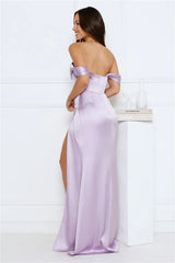 Silken Starlet Off Shoulder Satin Maxi Dress Lavender