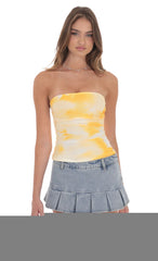 Mesh Floral Ruched Tube Top in Yellow
