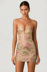 Embellished Sweetheart-Neck A-Line Mini Dress in Rose Hotfix