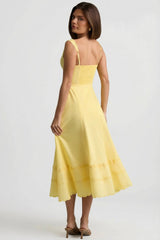 Cotton-Poplin A-Line Midaxi Dress in Pastel Yellow