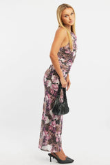Brown Animal Print Bodycon Dress Halter Neck