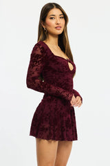 Red Fit And Flare Dress Long Sleeve Burn Out