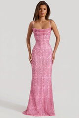 Embellished Cowl-Neck Backless Maxi Dress in Pink