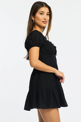 Black Fit And Flare Dress Puff Sleeve Eyelet Fabric