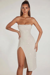Embellished Bandeau Cowl Neck Midi Dress in Ivory