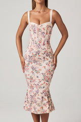 Layered Bra-Detail Fishtail Midaxi Dress in Primrose Floral Print