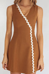 Make You Mine V-Neck Ric-Rac Mini Dress Brown